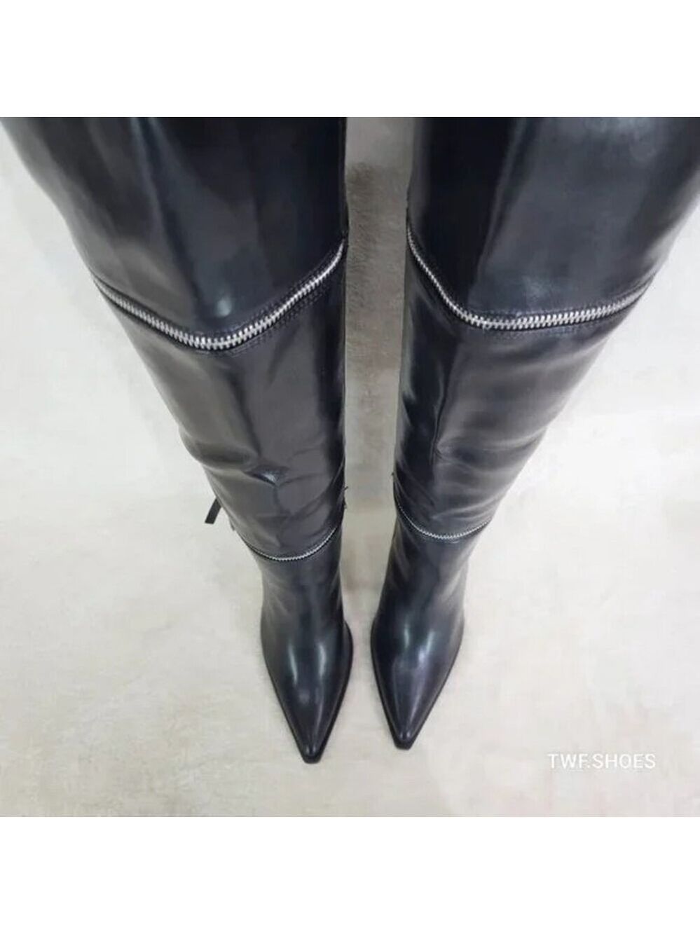 NIB Alexa Western Wedge All in One Zipper Shaft Ankle Knee & Thigh Boots Black - Picture 4 of 15